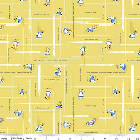 CLEARANCE Down the Rabbit Hole Alice Toss C12946 Yellow by Riley Blake Designs - Alice in Wonderland Text Lines - Quilting Cotton Fabric