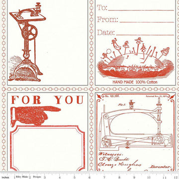 DEAL Quilt Labels C13360 Red - Riley Blake Designs - J. Wecker Frisch - Vintage Sewing Icons - Quilting Cotton Fabric - 23 inch repeat