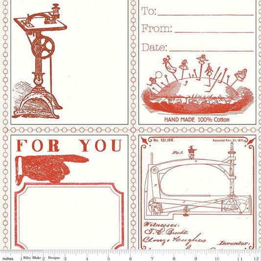 DEAL Quilt Labels C13360 Red - Riley Blake Designs - J. Wecker Frisch - Vintage Sewing Icons - Quilting Cotton Fabric - 23 inch repeat