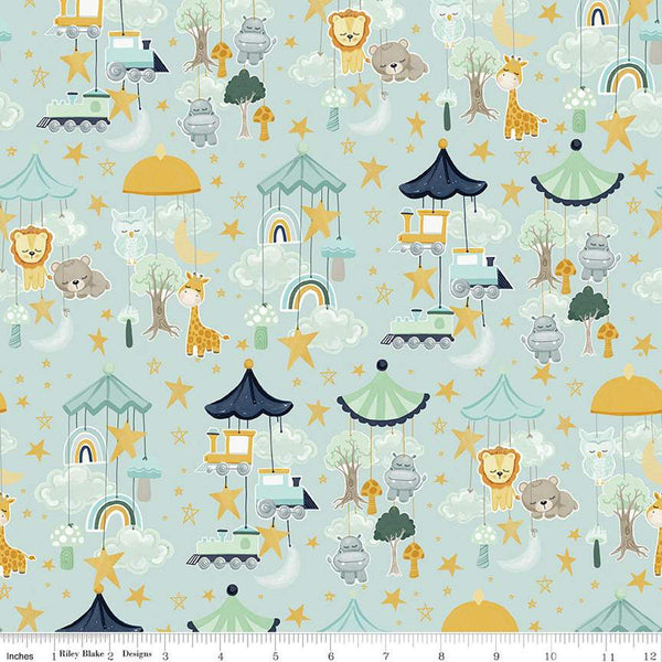 It's a Boy Mobiles C13251 Aqua by Riley Blake Designs - Animals Trains Stars Clouds Trees Baby - Quilting Cotton Fabric