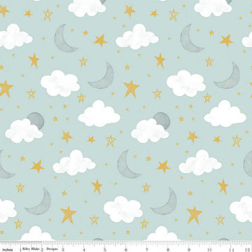 It's a Boy Stars & Moon C13252 Aqua - Riley Blake Designs - Baby Clouds Star Moons - Quilting Cotton Fabric