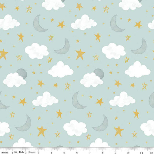 It's a Boy Stars & Moon C13252 Aqua - Riley Blake Designs - Baby Clouds Star Moons - Quilting Cotton Fabric