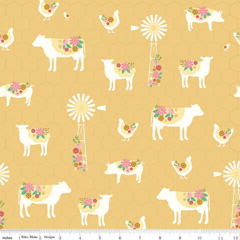 SALE Sweet Acres Farm C13211 Cornsilk by Riley Blake Designs - Animals Windmills Flowers Chicken-Wire Background - Quilting Cotton Fabric
