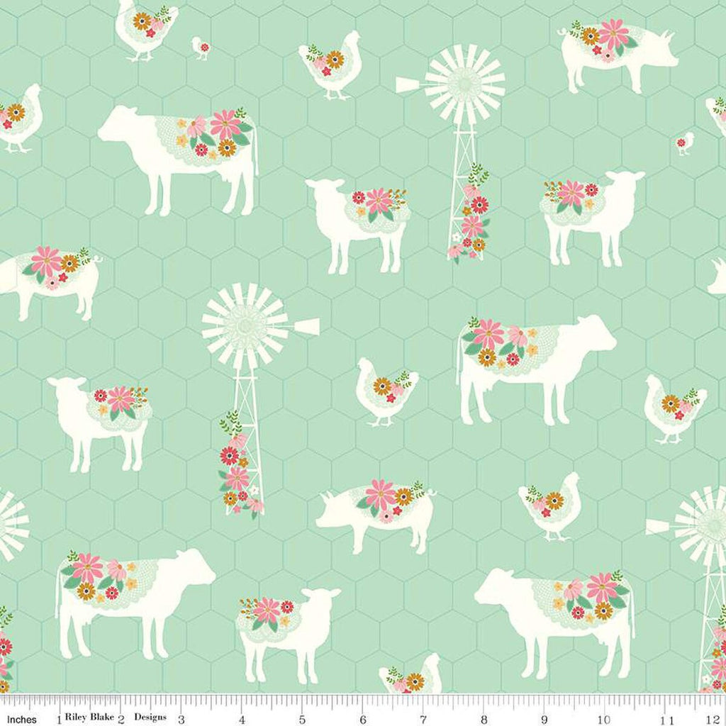 Sweet Acres Farm C13211 Mint by Riley Blake Designs - Animals Windmills Flowers Chicken-Wire Background - Quilting Cotton Fabric