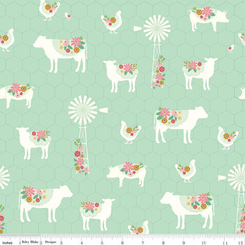 SALE Sweet Acres Farm C13211 Mint by Riley Blake Designs - Animals Windmills Flowers Chicken-Wire Background - Quilting Cotton Fabric