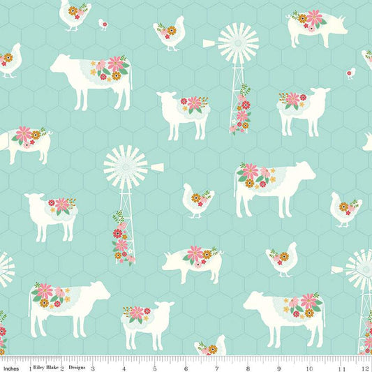 SALE Sweet Acres Farm C13211 Songbird - Riley Blake Designs - Animals Windmills Flowers Chicken-Wire Background - Quilting Cotton Fabric