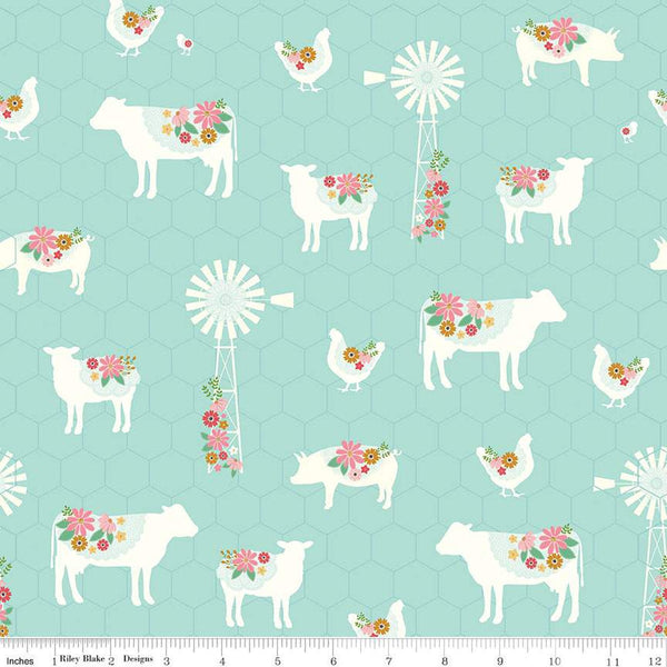 SALE Sweet Acres Farm C13211 Songbird by Riley Blake Designs - Animals Windmills Flowers Chicken-Wire Background - Quilting Cotton Fabric