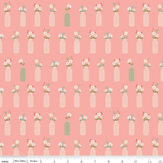 DEAL Sweet Acres Vintage Milk Vases C13212 Apricot Blush - Riley Blake Designs - Glass Jars Flowers - Quilting Cotton Fabric