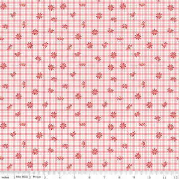 Fat Quarter End of Bolt - SALE Sweet Acres Floral Gingham C13213 Strawberry - Riley Blake - Check Checks Flowers Off-White - Quilting Cotton