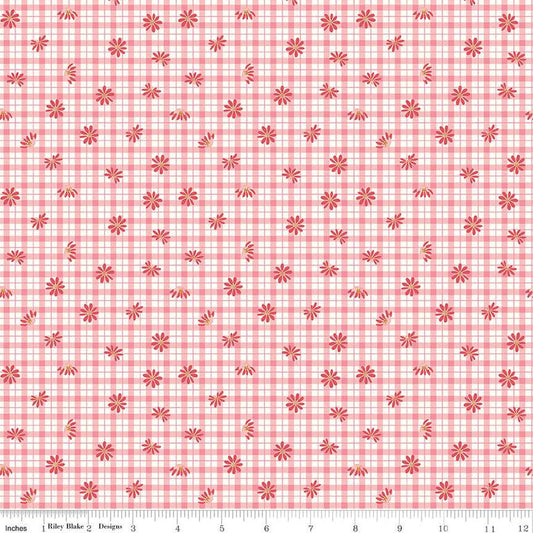 Fat Quarter End of Bolt - SALE Sweet Acres Floral Gingham C13213 Strawberry - Riley Blake - Check Checks Flowers Off-White - Quilting Cotton