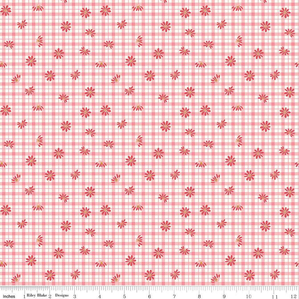 Sweet Acres Floral Gingham C13213 Strawberry by Riley Blake Designs - Check Checks Flowers Off-White - Quilting Cotton Fabric