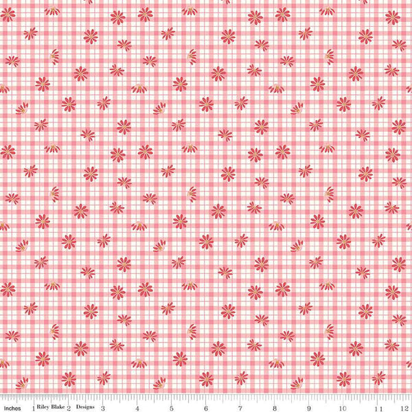 SALE Sweet Acres Floral Gingham C13213 Strawberry by Riley Blake Designs - Check Checks Flowers Off-White - Quilting Cotton Fabric