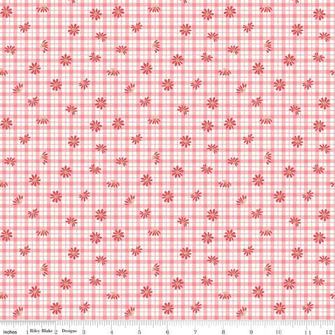 Sweet Acres Floral Gingham C13213 Strawberry by Riley Blake Designs - Check Checks Flowers Off-White - Quilting Cotton Fabric