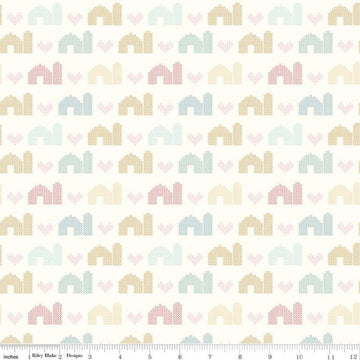SALE Sweet Acres Barn Stitch C13214 Cloud - Riley Blake Designs - PRINTED Cross-stitched Hearts Barns - Quilting Cotton Fabric