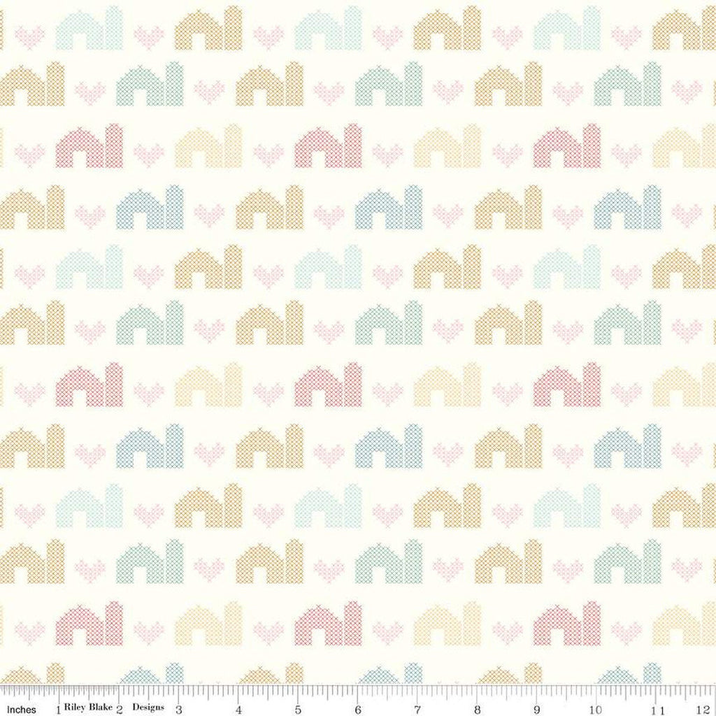 SALE Sweet Acres Barn Stitch C13214 Cloud by Riley Blake Designs - PRINTED Cross-stitched Hearts Barns - Quilting Cotton Fabric