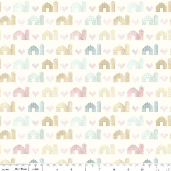 SALE Sweet Acres Barn Stitch C13214 Cloud by Riley Blake Designs - PRINTED Cross-stitched Hearts Barns - Quilting Cotton Fabric