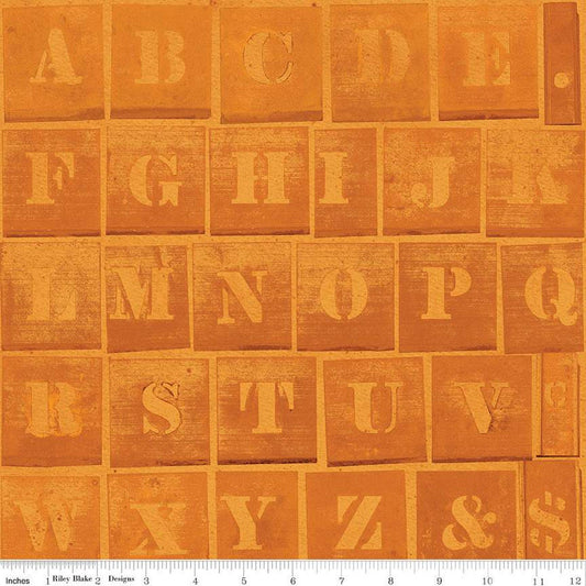 26" End of Bolt - CLEARANCE Journal Basics Character Stencil C13050 Orange Riley Blake - Stenciled Letters Alphabet - Quilting Cotton Fabric