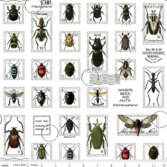 DEAL 25" End of Bolt - Art Journal Bug Post CD13036 Multi - Riley Blake Design - DIGITALLY PRINTED Postal Markings Insects - Quilting Cotton
