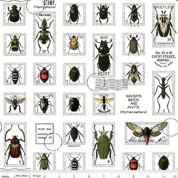 SALE Art Journal Bug Post CD13036 Multi - Riley Blake Designs - DIGITALLY PRINTED Postal Markings Insects - Quilting Cotton