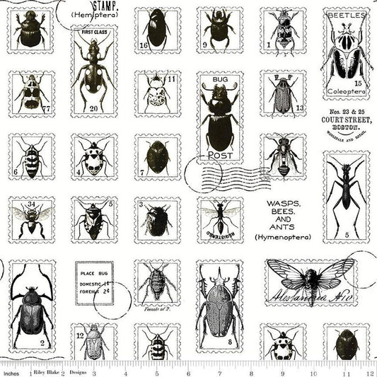 Fat Quarter End of Bolt - SALE Art Journal Bug Post CD13036 White - Riley Blake - DIGITALLY PRINTED Postal Markings Insects -Quilting Cotton