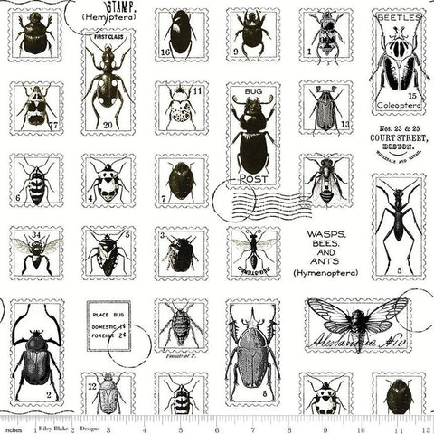 SALE Art Journal Bug Post CD13036 White - Riley Blake Designs - DIGITALLY PRINTED Postal Markings Insects - Quilting Cotton