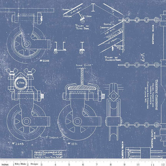 SALE Art Journal In the Wings C13044 Denim - Riley Blake Designs - Pulleys Technical Drawings Text - Quilting Cotton Fabric