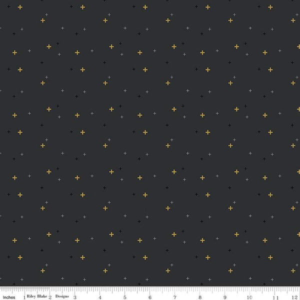 SALE Sparkler SC650 Charcoal SPARKLE - Riley Blake Designs - Plus Signs Gold SPARKLE Metallic Blue - Quilting Cotton Fabric