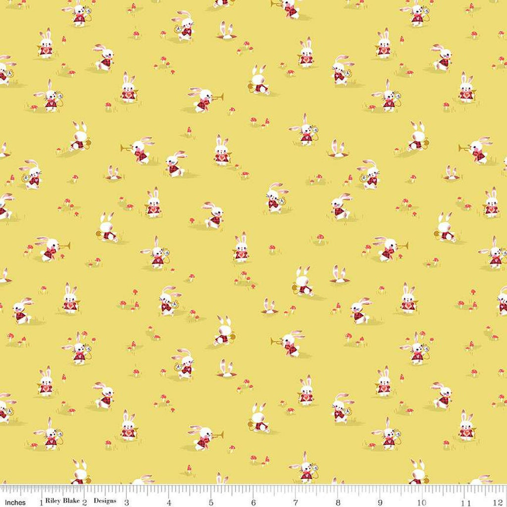 Down the Rabbit Hole Rabbit Chase C12944 Yellow by Riley Blake Designs - Alice in Wonderland White Rabbit - Quilting Cotton Fabric
