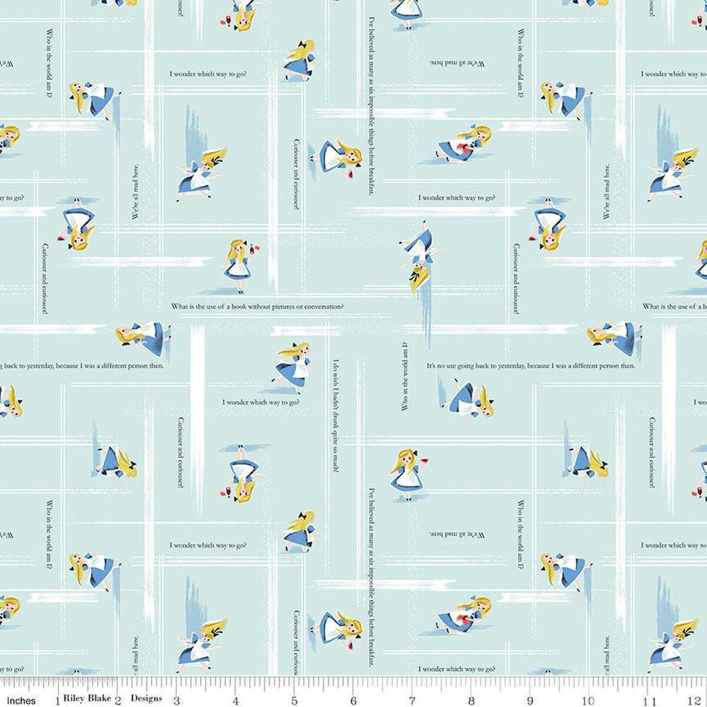 CLEARANCE Down the Rabbit Hole Alice Toss C12946 Bleached Denim by Riley Blake Designs - Alice in Wonderland Text - Quilting Cotton Fabric