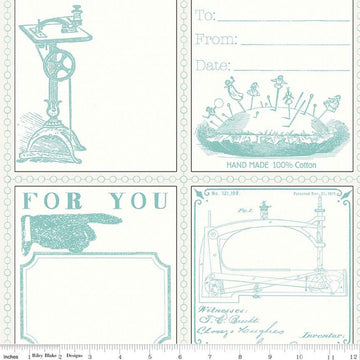 SALE Quilt Labels C13360 Aqua - Riley Blake Designs - J. Wecker Frisch - Vintage Sewing Icons - Quilting Cotton Fabric - 23 inch repeat