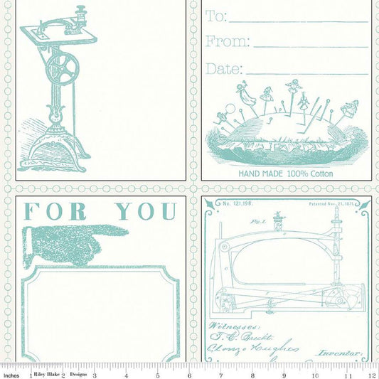 DEAL Quilt Labels C13360 Aqua - Riley Blake Designs - J. Wecker Frisch - Vintage Sewing Icons - Quilting Cotton Fabric - 23 inch repeat