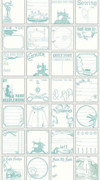 SALE Quilt Labels C13360 Aqua by Riley Blake Designs - J. Wecker Frisch - Vintage Sewing Icons - Quilting Cotton Fabric - 23 inch repeat