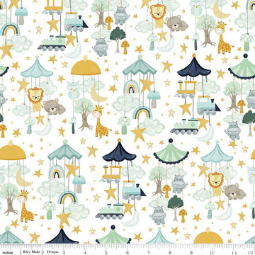 It's a Boy Mobiles C13251 White - Riley Blake Designs - Animals Trains Stars Clouds Trees Baby - Quilting Cotton Fabric