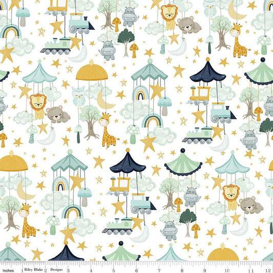 It's a Boy Mobiles C13251 White - Riley Blake Designs - Animals Trains Stars Clouds Trees Baby - Quilting Cotton Fabric