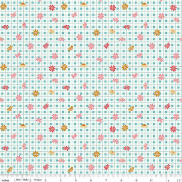 SALE Sweet Acres Floral Gingham C13213 Aruba - Riley Blake Designs - Check Checks Flowers Off-White - Quilting Cotton Fabric