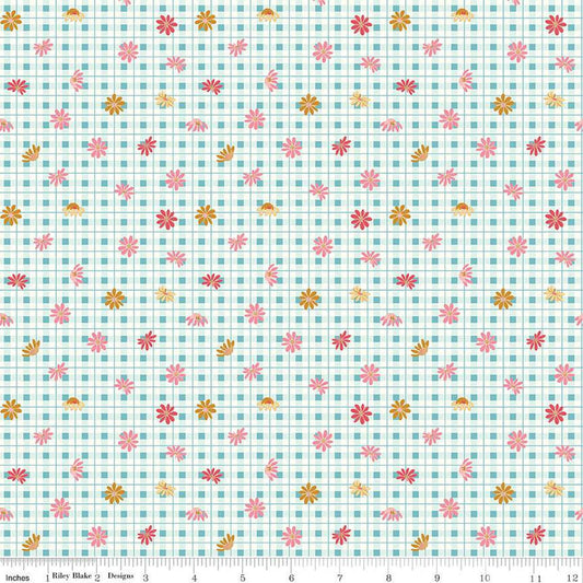 SALE Sweet Acres Floral Gingham C13213 Aruba - Riley Blake Designs - Check Checks Flowers Off-White - Quilting Cotton Fabric