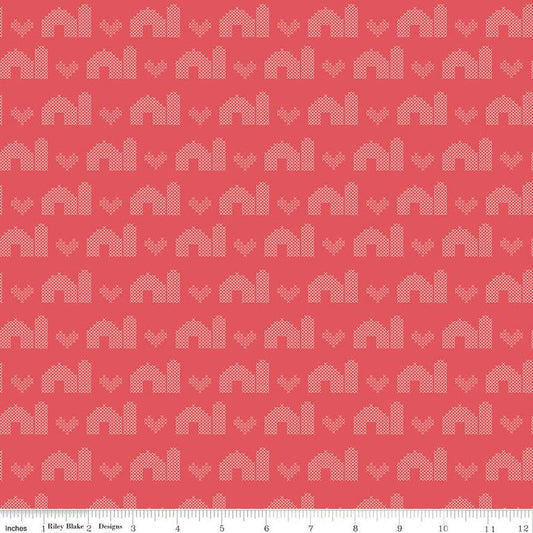 SALE Sweet Acres Barn Stitch C13214 Sunset - Riley Blake Designs - PRINTED Cross-stitched Hearts Barns - Quilting Cotton Fabric
