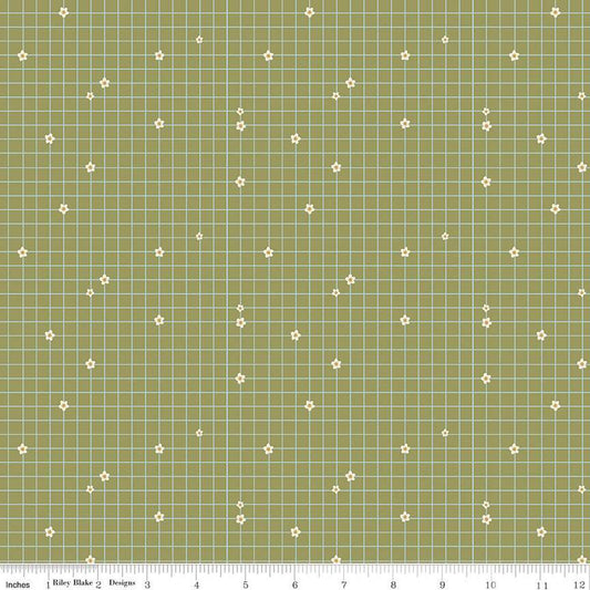 SALE Butterfly Blossom Grid C13272 Moss - Riley Blake Designs - Geometric Grid with Flowers - Quilting Cotton Fabric