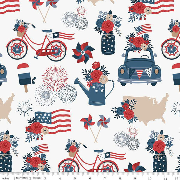 SALE Red, White and True Main C13180 Off White by Riley Blake Designs - Patriotic Summer Flags Bikes Flowers Cars - Quilting Cotton Fabric