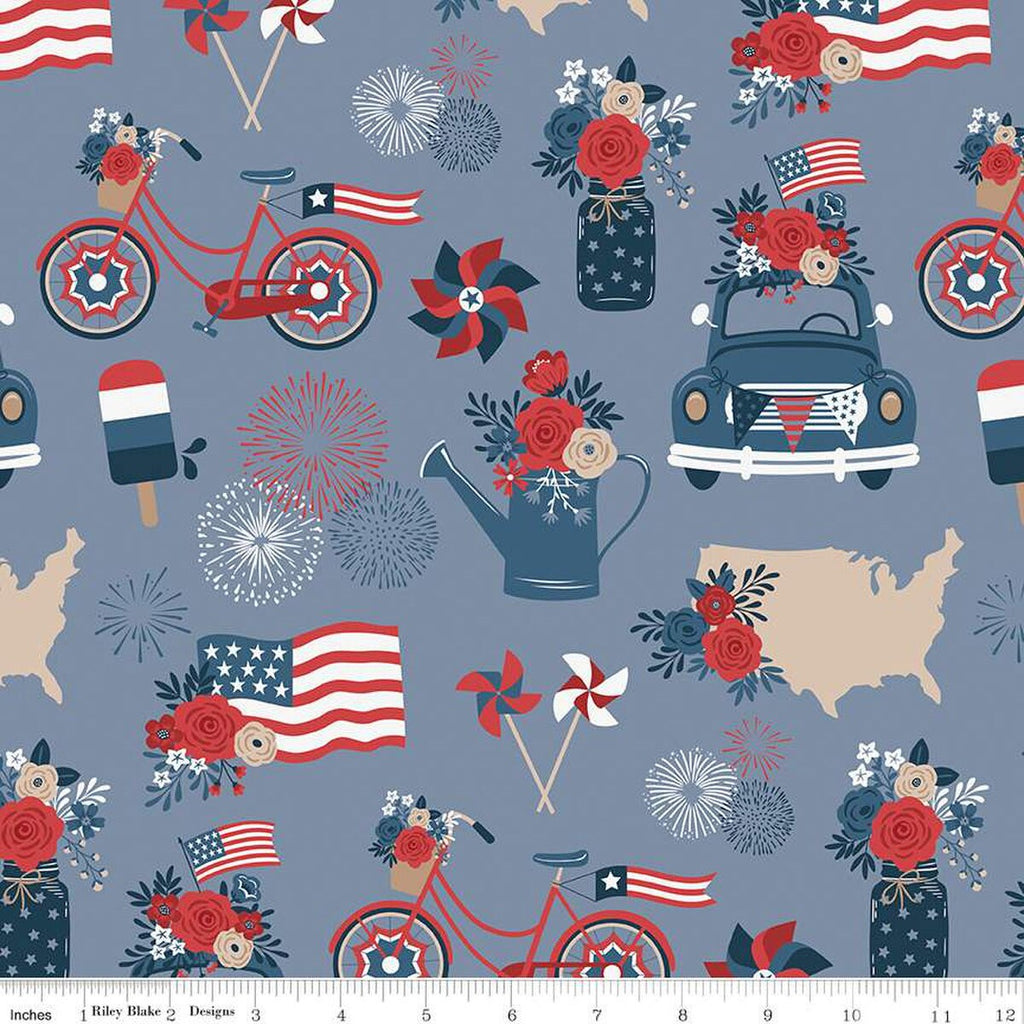 Red, White and True Main C13180 Stone by Riley Blake Designs - Patriotic Summer Flags Bikes Flowers Cars - Quilting Cotton Fabric