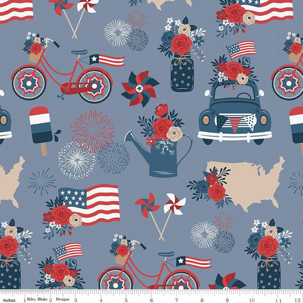 SALE Red, White and True Main C13180 Stone by Riley Blake Designs - Patriotic Summer Flags Bikes Flowers Cars - Quilting Cotton Fabric