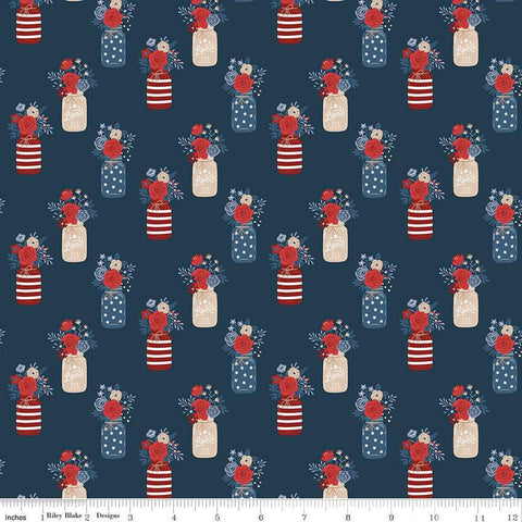 SALE Red, White and True Vases C13182 Navy by Riley Blake Designs - Patriotic Floral Flowers Jars - Quilting Cotton Fabric