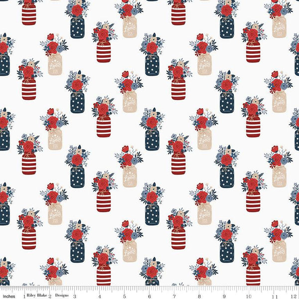 Red, White and True Vases C13182 Off White by Riley Blake Designs - Patriotic Floral Flowers Jars - Quilting Cotton Fabric