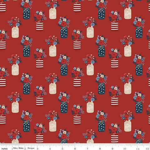 Red, White and True Vases C13182 Red by Riley Blake Designs - Patriotic Floral Flowers Jars - Quilting Cotton Fabric