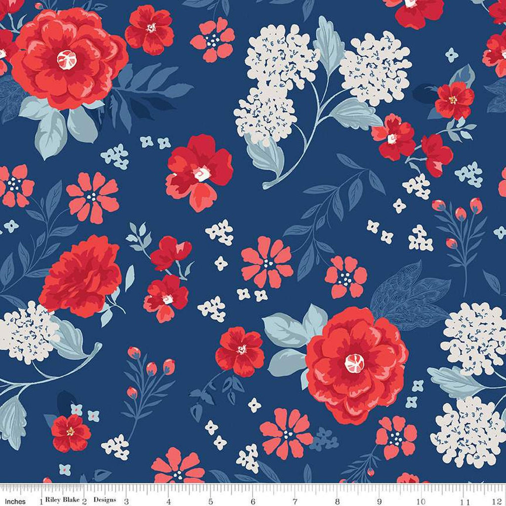 Fat Quarter End of Bolt Piece - Land of the Brave Main C13140 Navy by Riley Blake Design - Patriotic Floral Flowers - Quilting Cotton Fabric