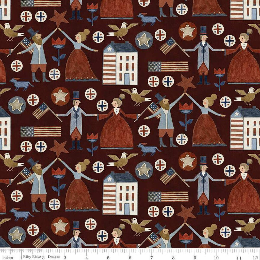 Bright Stars Main C13100 Burgundy - Riley Blake Designs - Patriotic Folk Art People Flags Eagles Homes Flowers - Quilting Cotton Fabric