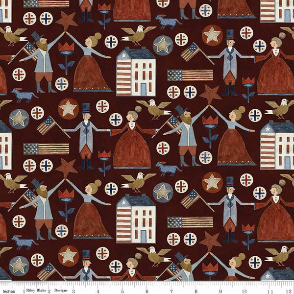 SALE Bright Stars Main C13100 Burgundy - Riley Blake Designs - Patriotic Folk Art People Flags Eagles Homes Flowers - Quilting Cotton Fabric