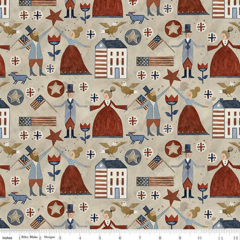 Bright Stars Main C13100 Natural - Riley Blake Designs - Patriotic Folk Art People Flags Eagles Homes Flowers - Quilting Cotton Fabric