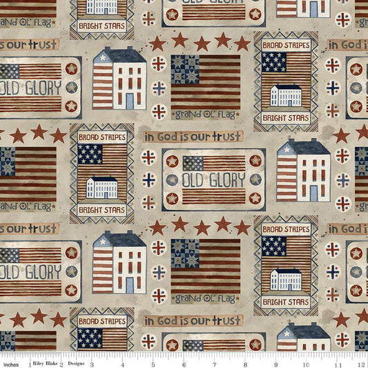 DEAL Bright Stars Houses & Flags C13101 Natural - Riley Blake Designs - Patriotic Folk Art Stars Text - Quilting Cotton Fabric