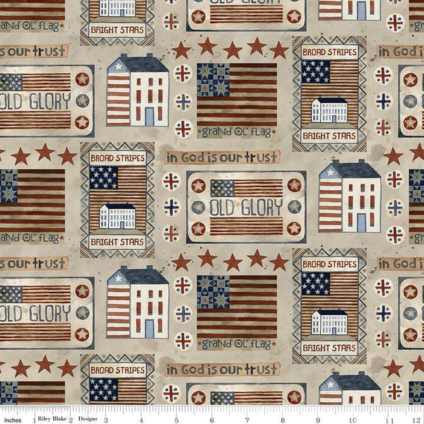 SALE Bright Stars Houses and Flags C13101 Natural - Riley Blake Designs - Patriotic Folk Art Stars Text - Quilting Cotton Fabric